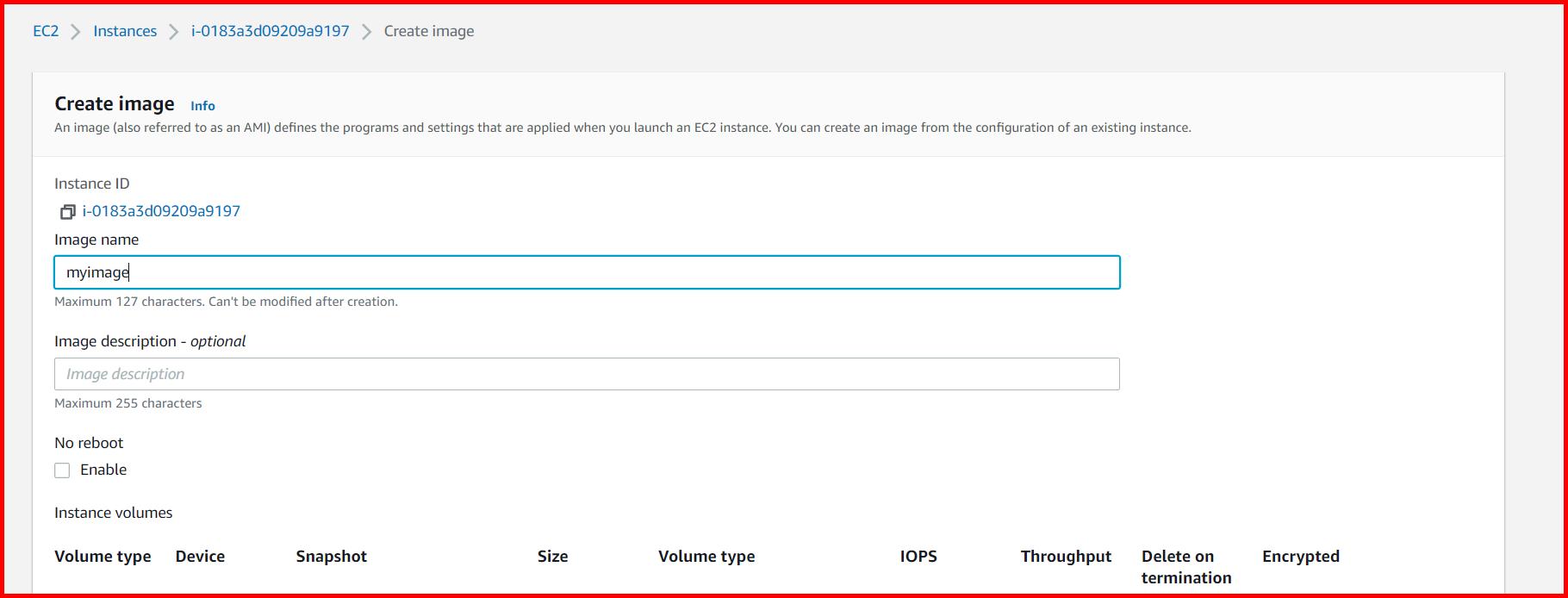 Picture showing the create image screen for creating the new image